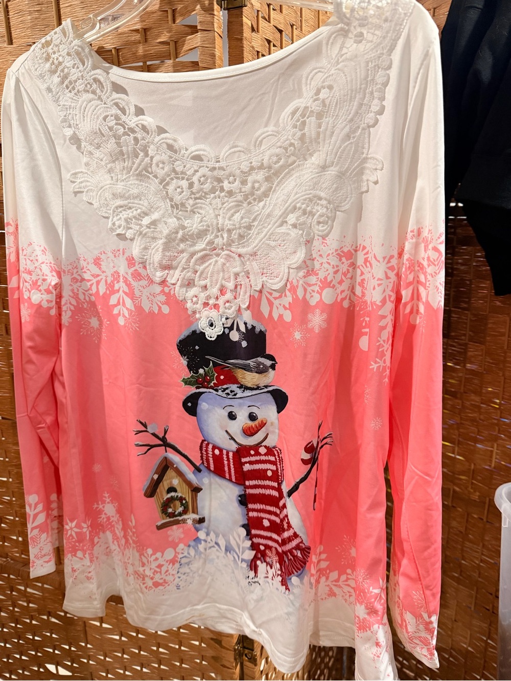 Women's Pink Ombre Snowman Long Sleeve Tee with Lace Yoke